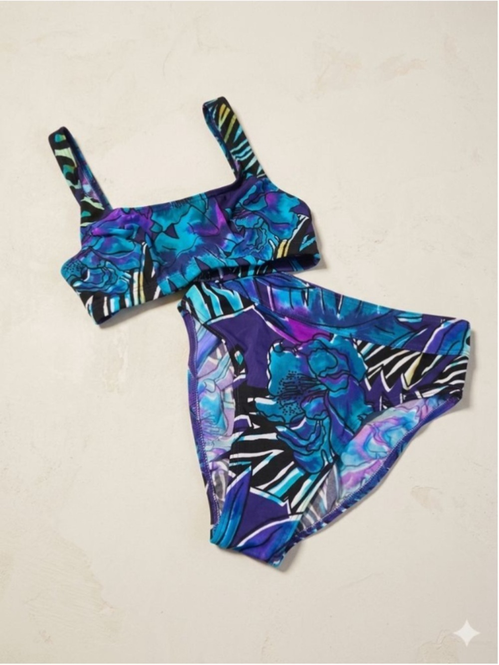 Christina Vintage 90s Abstract Floral Bikini Teal Purple Black Size 9 10